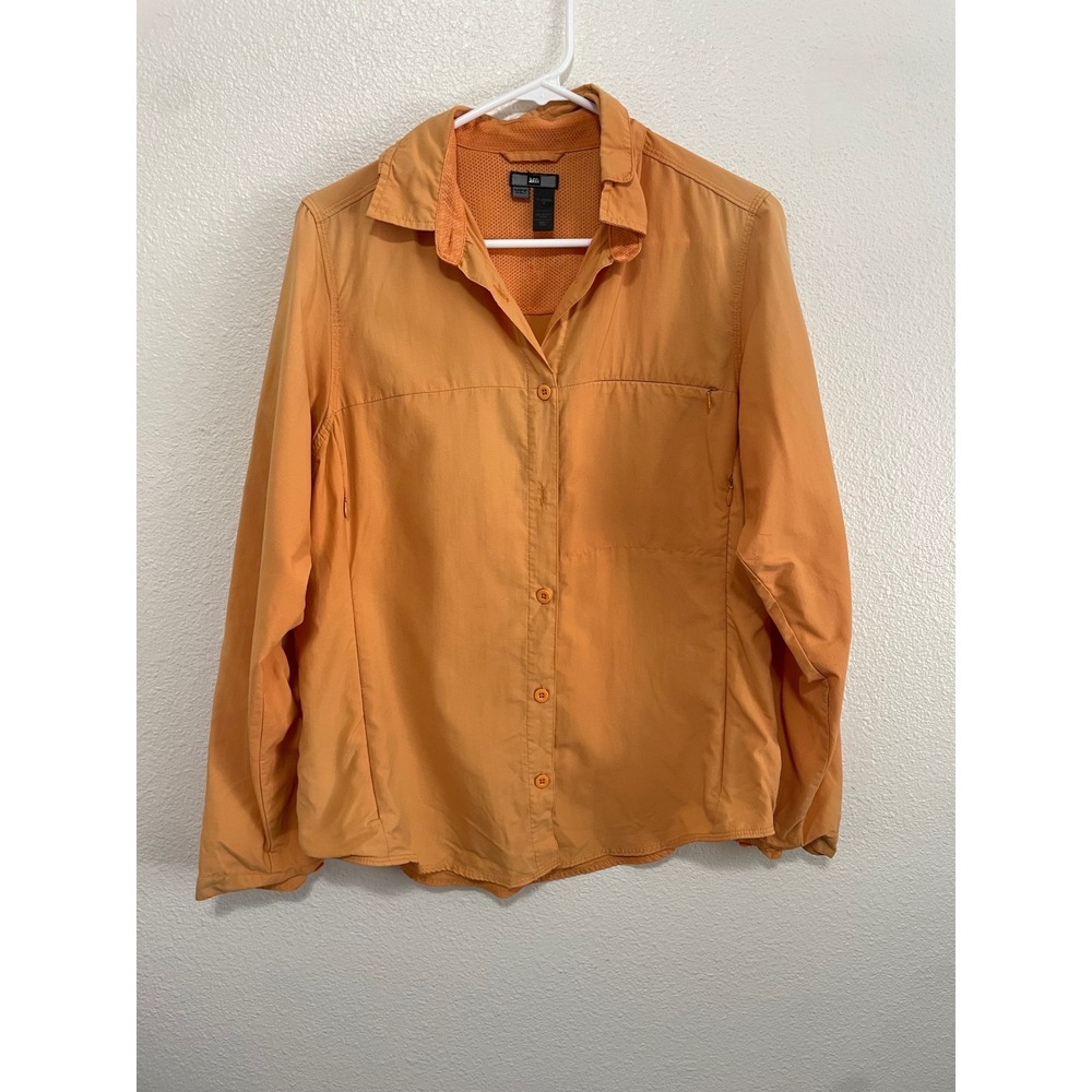 REI Sahara Hiking Shirt Womens Medium Orange Good Long Sleeve Vented Button Up